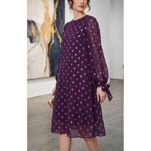 Calvin Klein 4 Purple Gold Metallic Clip Dot Shift Dress Sheer Sleeve Cocktail